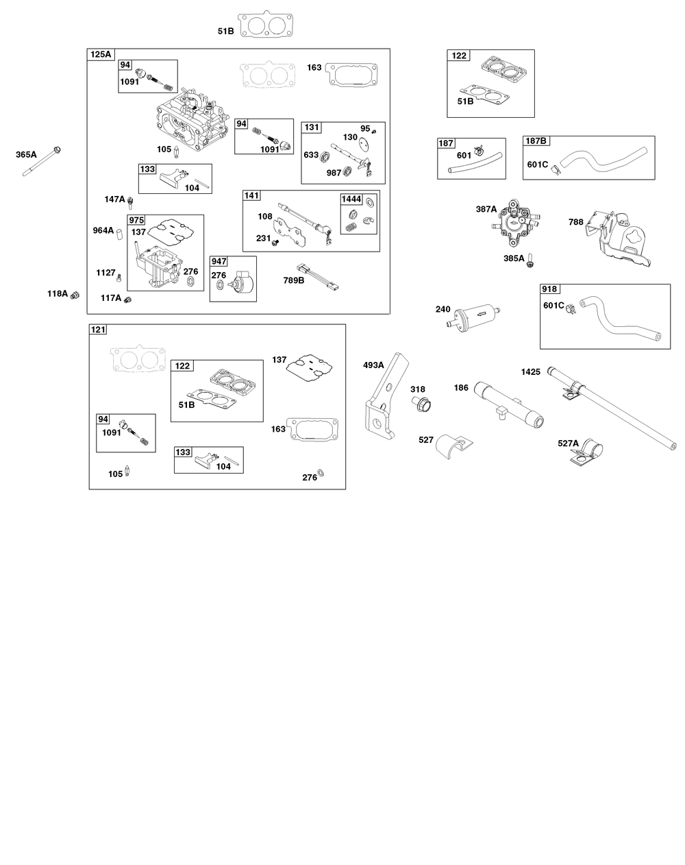 Carburetor And Fuel Supply Group Diagram and Parts List for 613477-4209-J1 400000 - 699999 Briggs and Stratton Engine
